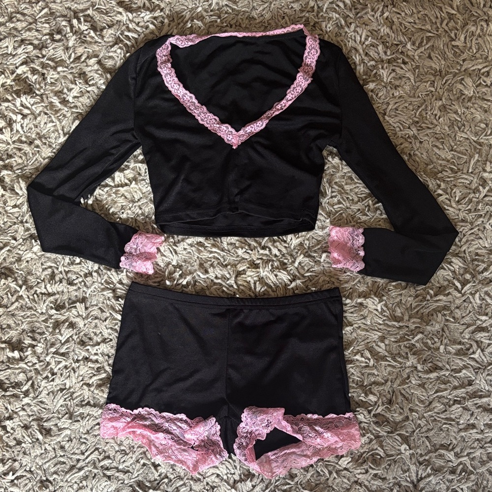 Black and Pink Lace Trim Sleepwear Set